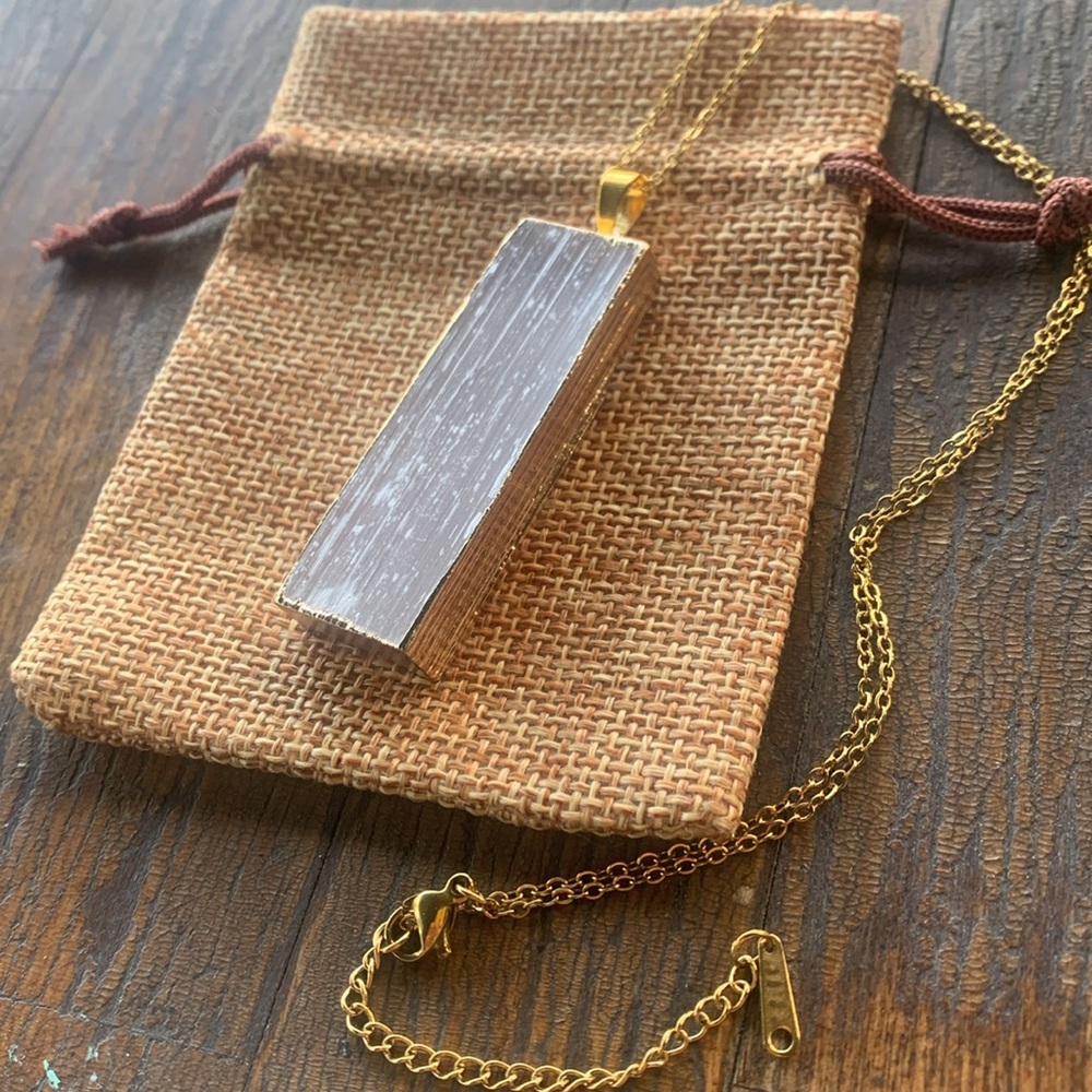 Genuine Selenite Rectangle Pendant Selenite Necklace Minimalist Necklace - Picture 3 of 3